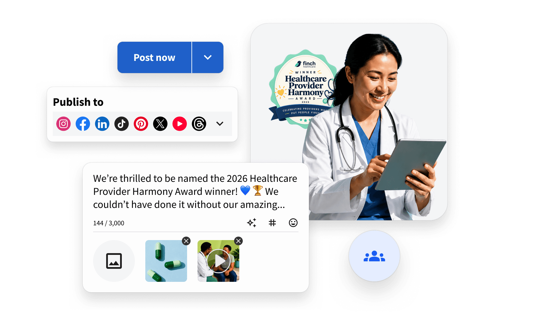Hootsuite dashboard showing a social media post creation interface with a hiring message and a woman in a green blazer with a laptop.