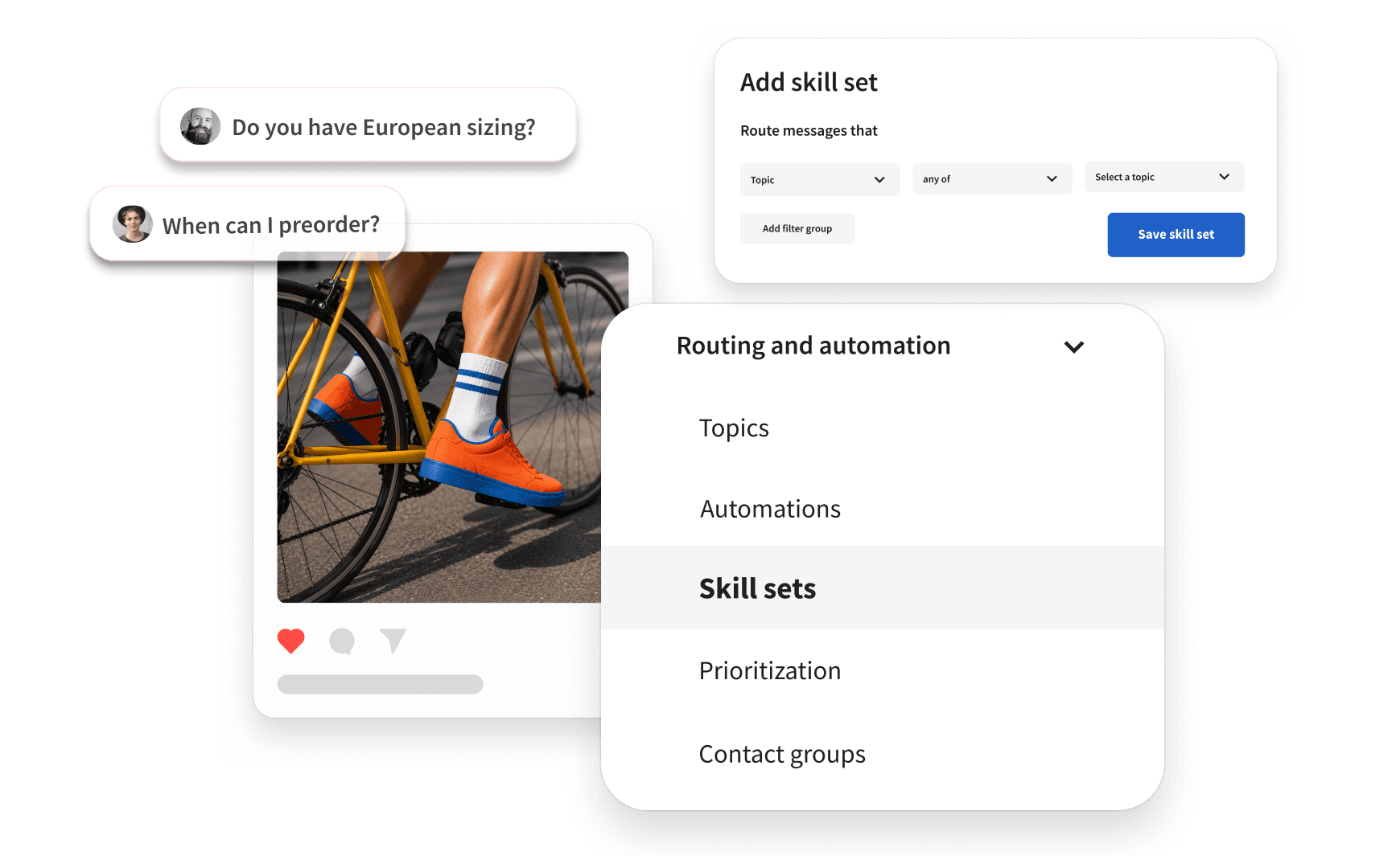 UI showing customer chat messages, a cyclist photo, and a routing automation panel with skill set configuration options.