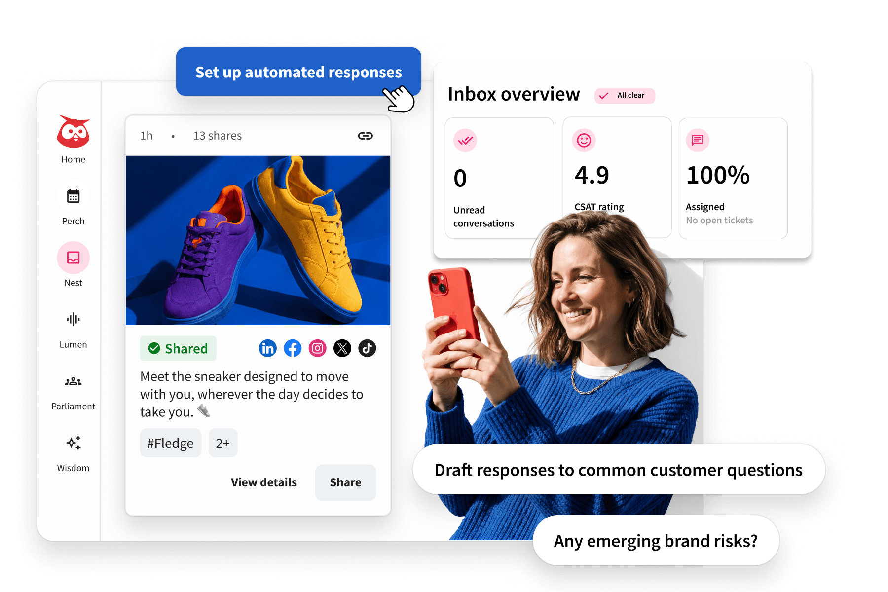 A social media dashboard showing automated responses, inbox overview stats, and a smiling woman in blue holding a red phone.