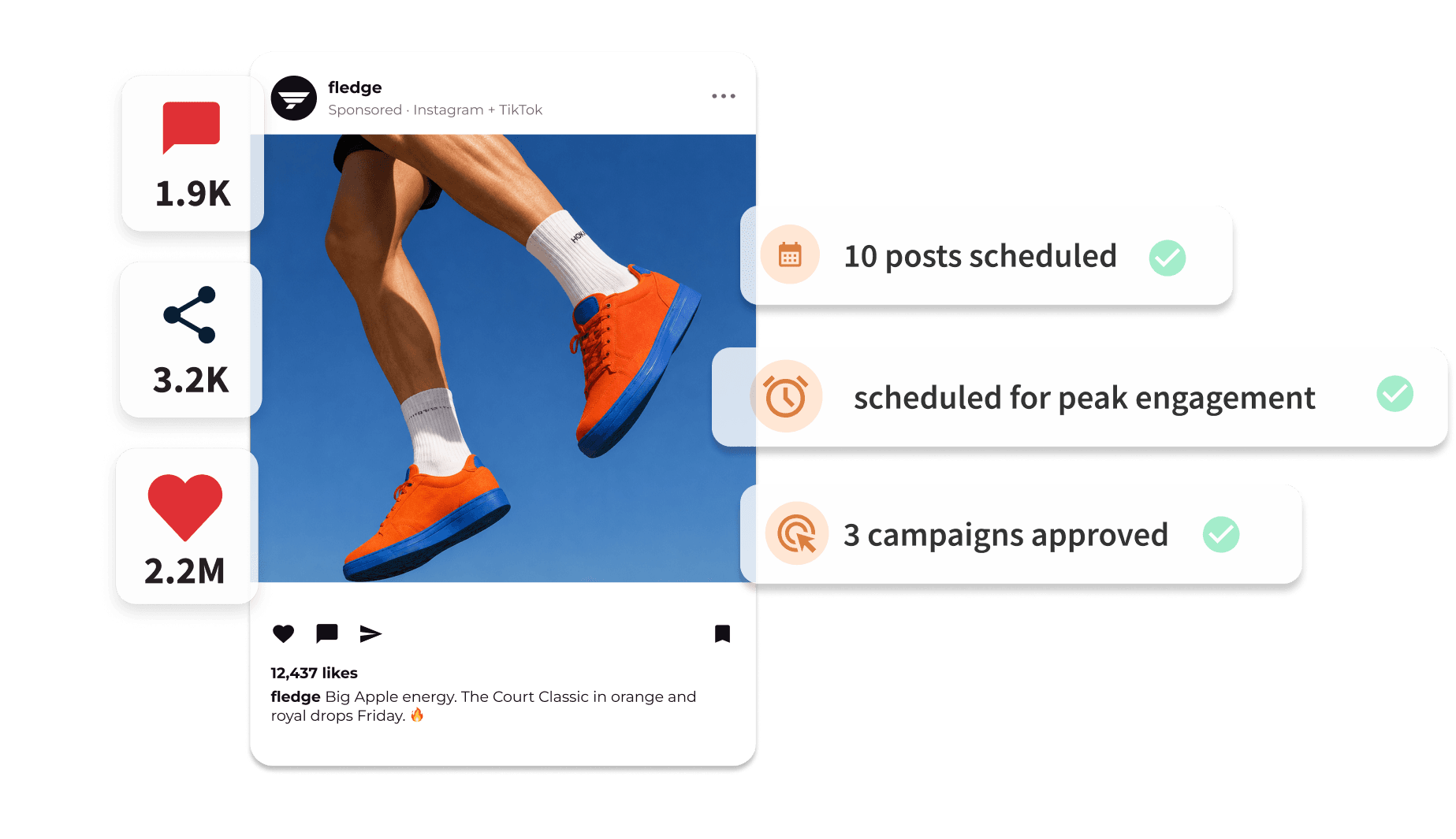 Social media dashboard showing a sponsored sneaker post with engagement stats and campaign scheduling notifications.