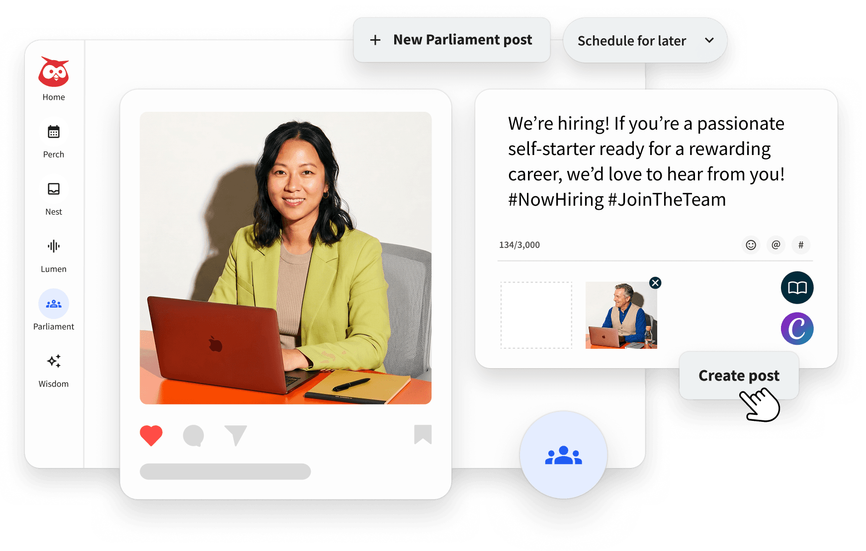 A social media management UI showing a woman at a laptop, engagement stats, a hiring post editor, and a Create Post button.