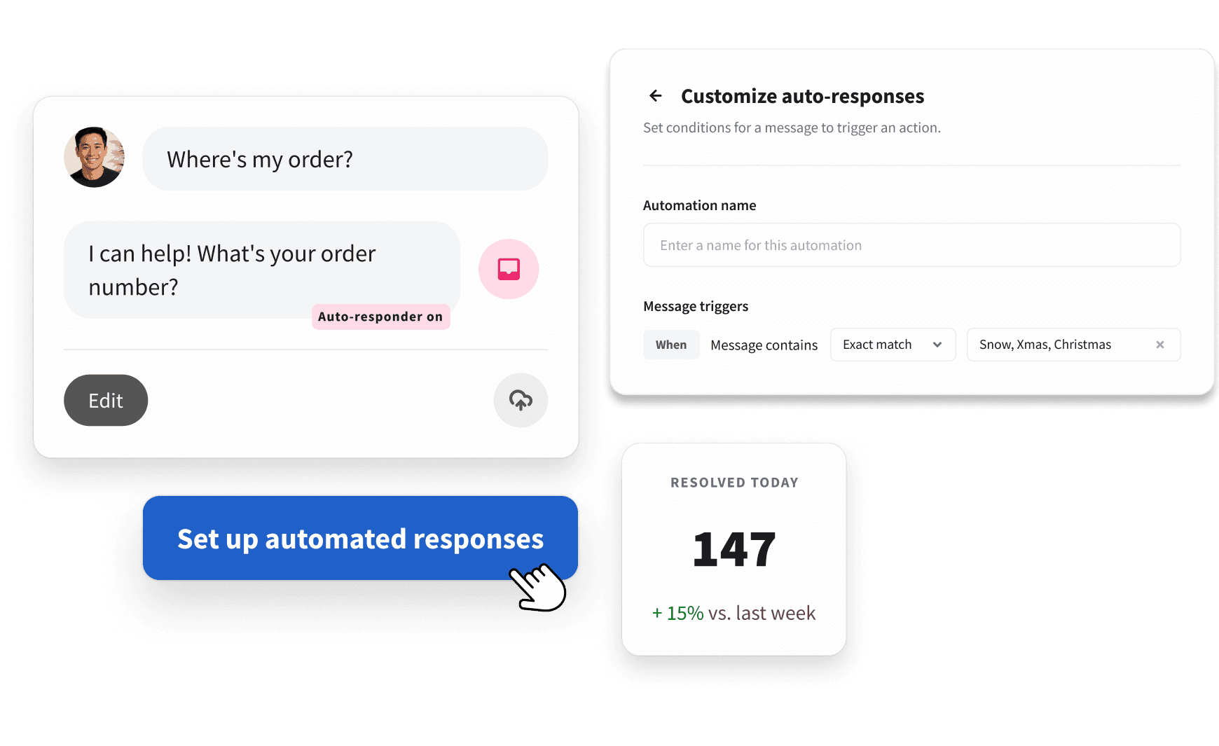 UI screenshot showing an automated chat response to "Where's my order?" and a panel to customize auto-response triggers.